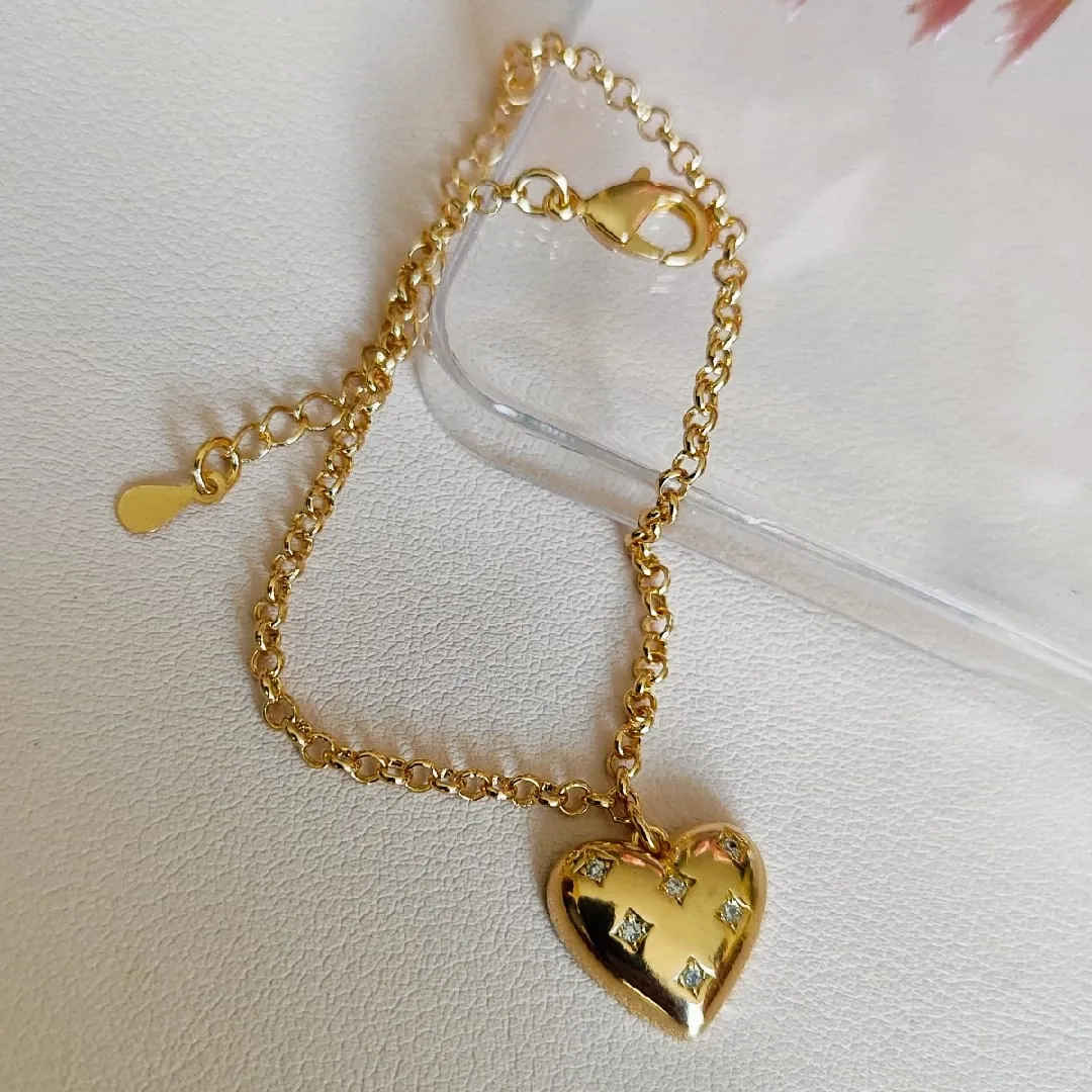 Pulseira dourado elo português com pingente coração