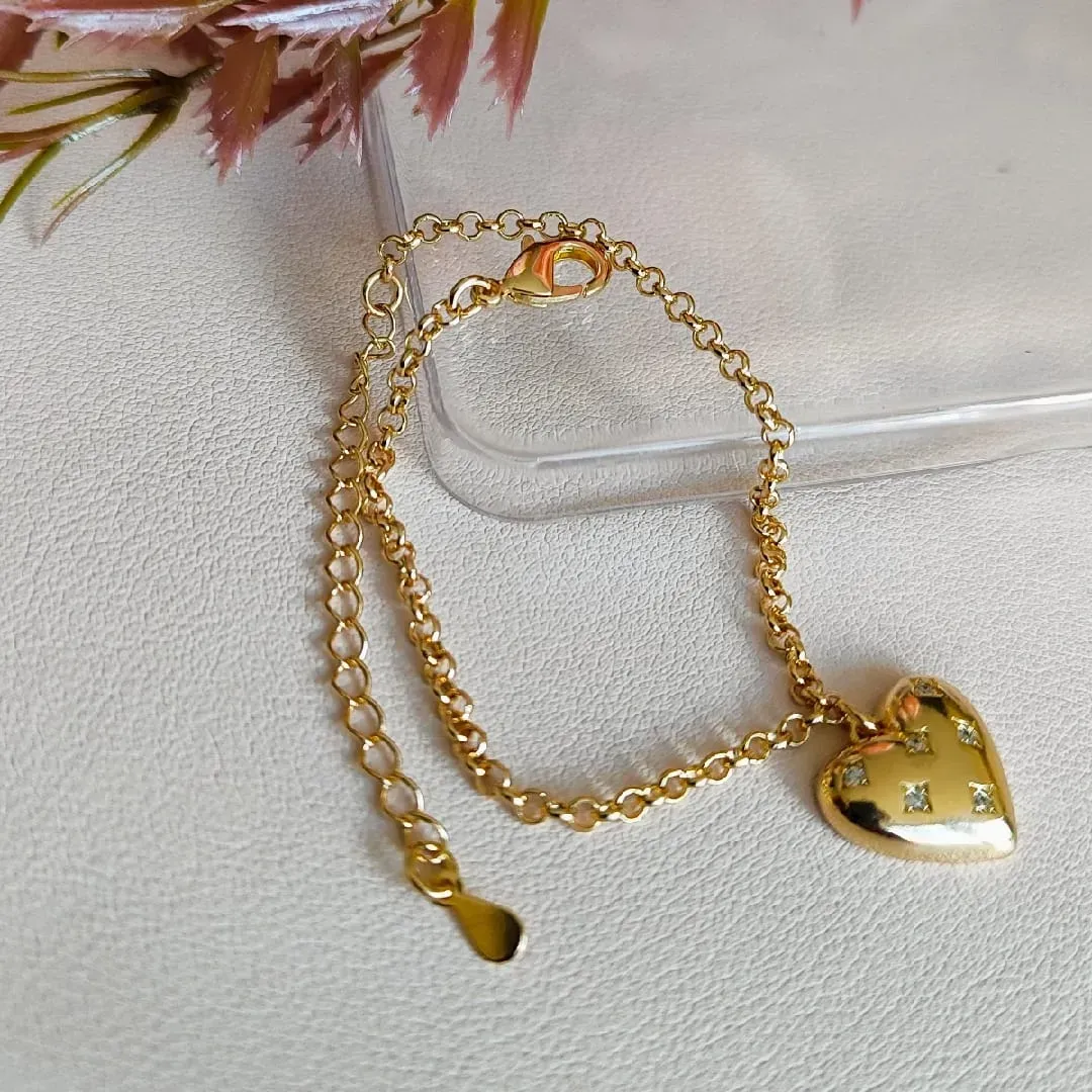 Pulseira dourado elo português com pingente coração